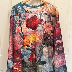 Women's Pullover Top Artsy Floral Patchwork Boho Print, Lt Wt Vintage look, 3X